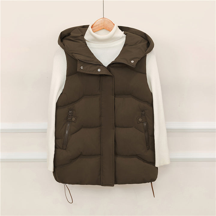 Women's nano-padded hooded vest with concealed zip placket, adjustable drawstring waist and functional zip pockets Mune Fashion