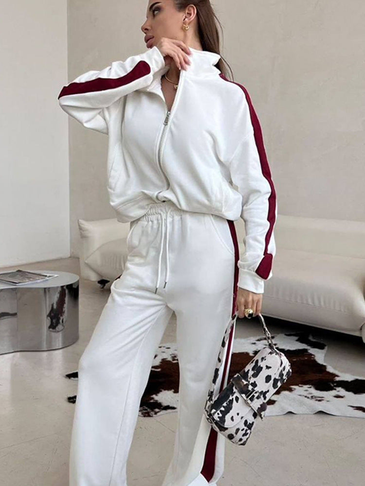 Women's loose zip sweat set with hood, high waistband and side contrast stripe Mune Fashion