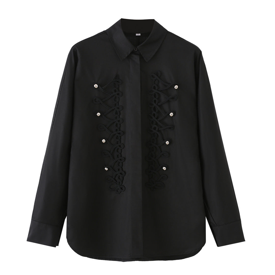 Women Long Sleeve Oversized Blouse with Concealed Button Placket and Decorative Cord Applications Mune Fashion