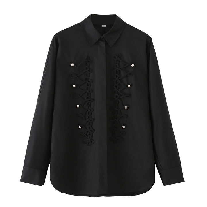 Women Long Sleeve Oversized Blouse with Concealed Button Placket and Decorative Cord Applications Mune Fashion