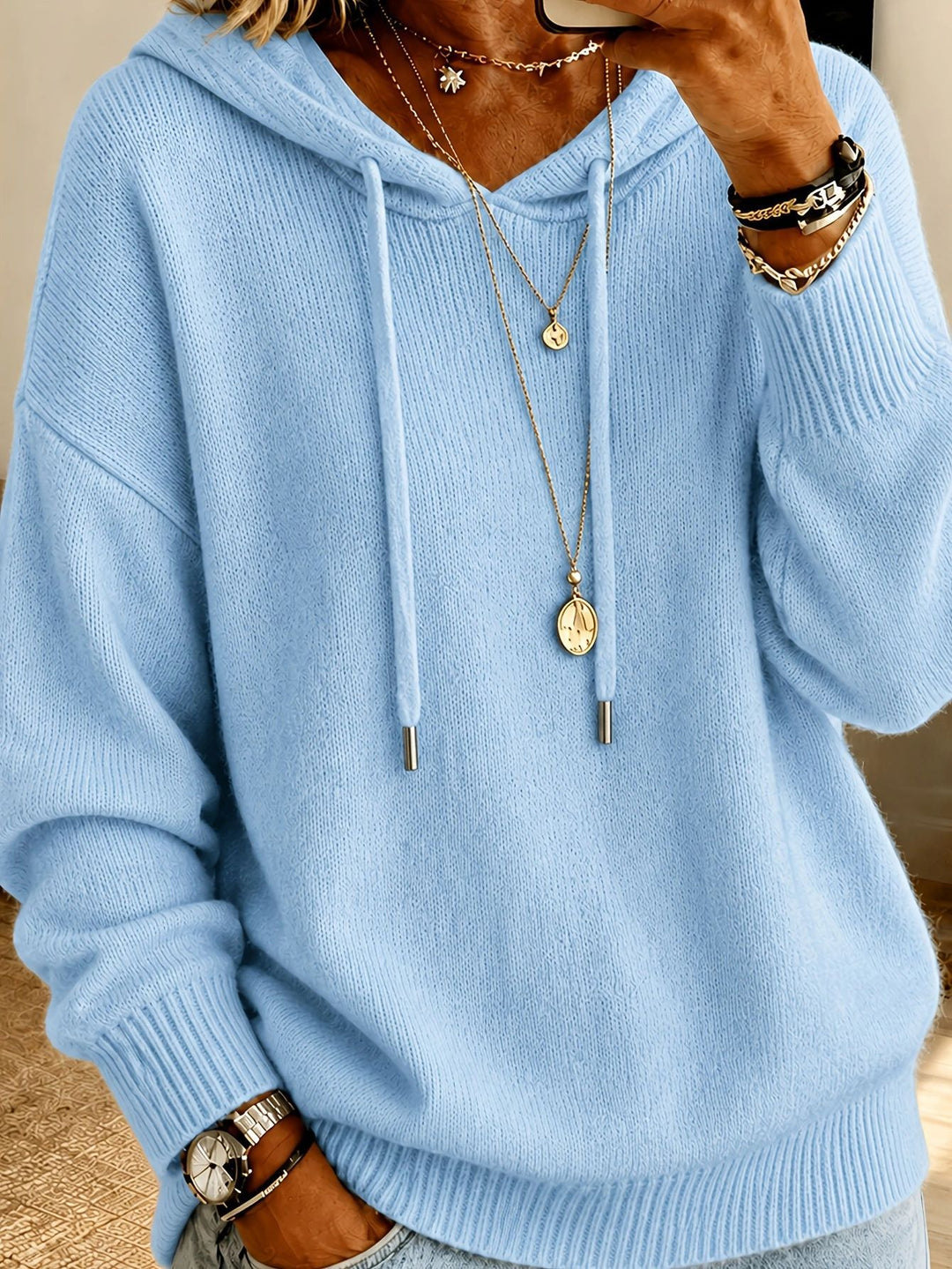 Women's Oversized Hoodie made of fine knit with drawstring and ribbed cuffs Mune Fashion