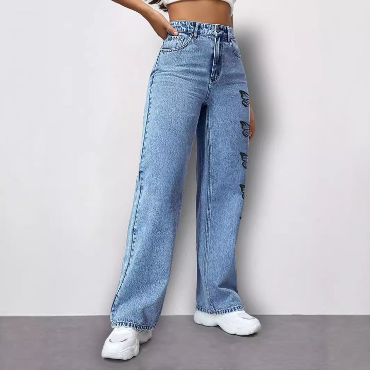 Ladies High-Waist Loose-Fit Denim Pants with Side Butterfly Print Mune Fashion