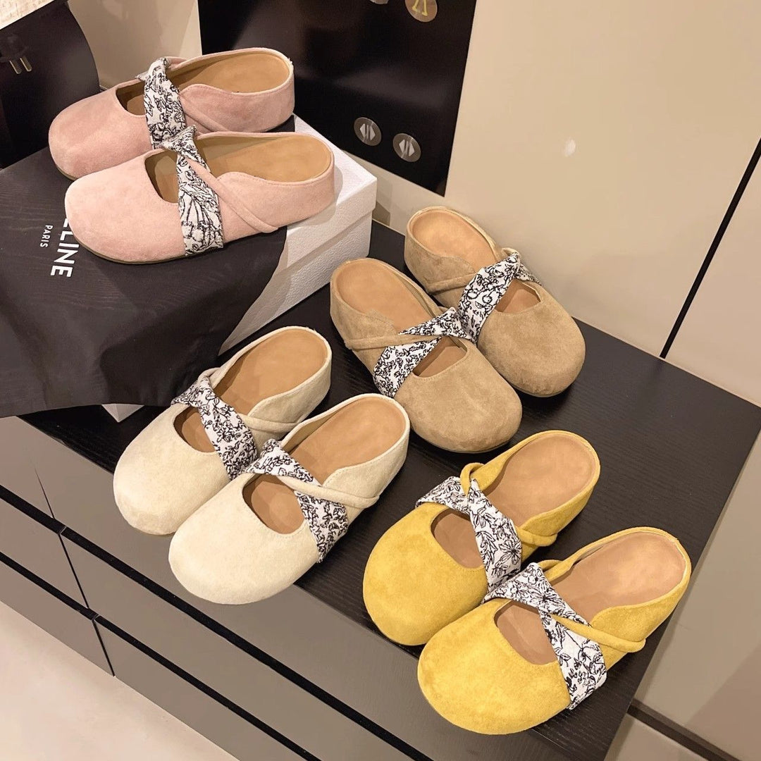 Ladies' Velour Mules with Padded Insole and Decorative Cross Straps Mune Fashion