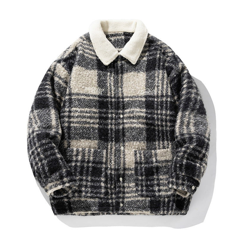 Unisex Cozy Teddy Fleece Shirt Jacket in Check Design with Snap Button Placket and Patch Pockets Mune Fashion