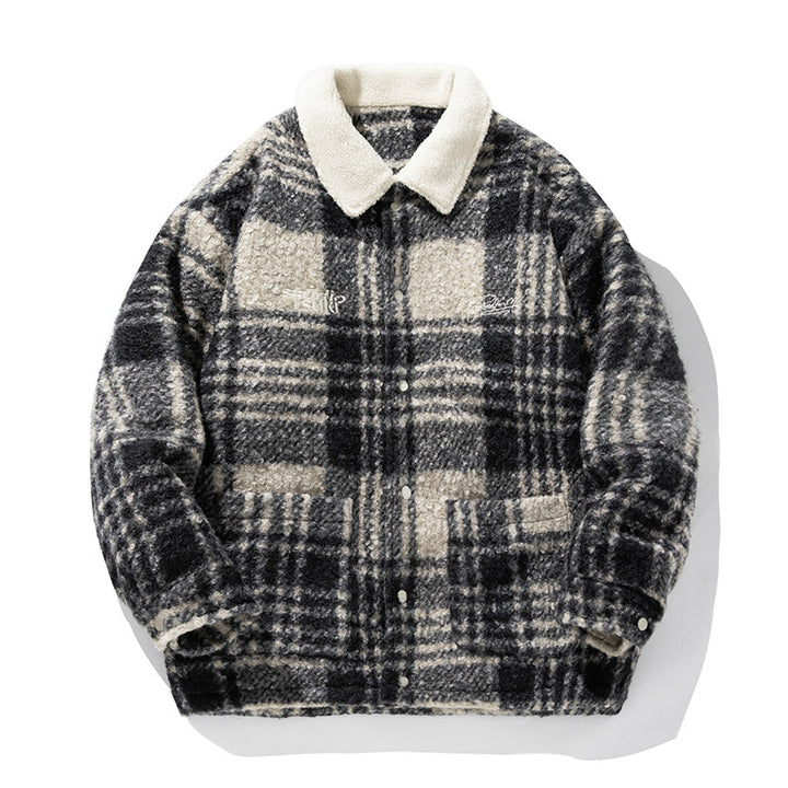 Unisex Cozy Teddy Fleece Shirt Jacket in Check Design with Snap Button Placket and Patch Pockets Mune Fashion