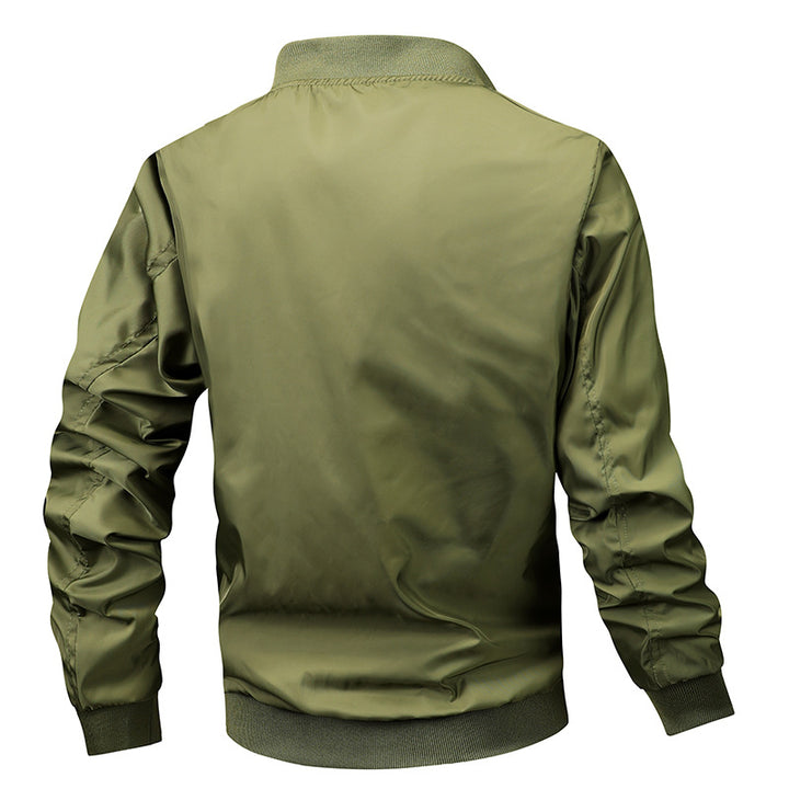 Men's classic pilot bomber jacket with contrasting inner lining, sleeve zippered pocket, and elastic cuffs.