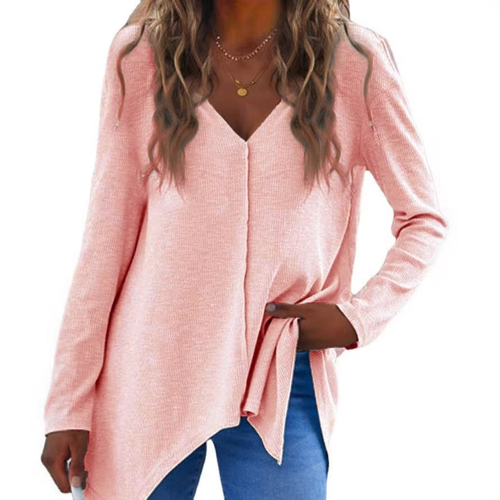 Ladies V neck fine knit tunic with asymmetrical hem and side slit Mune Fashion