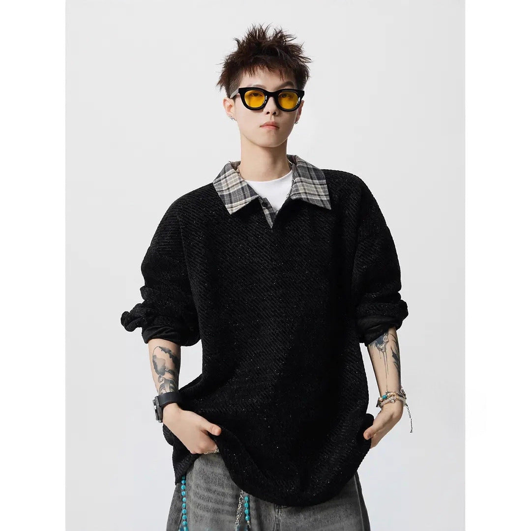 Men's Oversize Structured Sweatshirt with Polo Collar and Diagonal Knit Structure Mune Fashion
