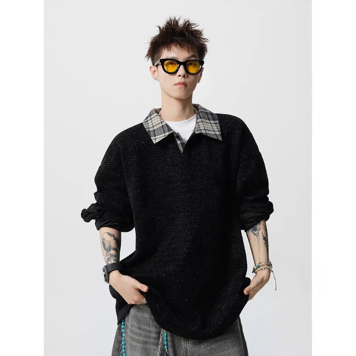 Men's Oversize Structured Sweatshirt with Polo Collar and Diagonal Knit Structure Mune Fashion