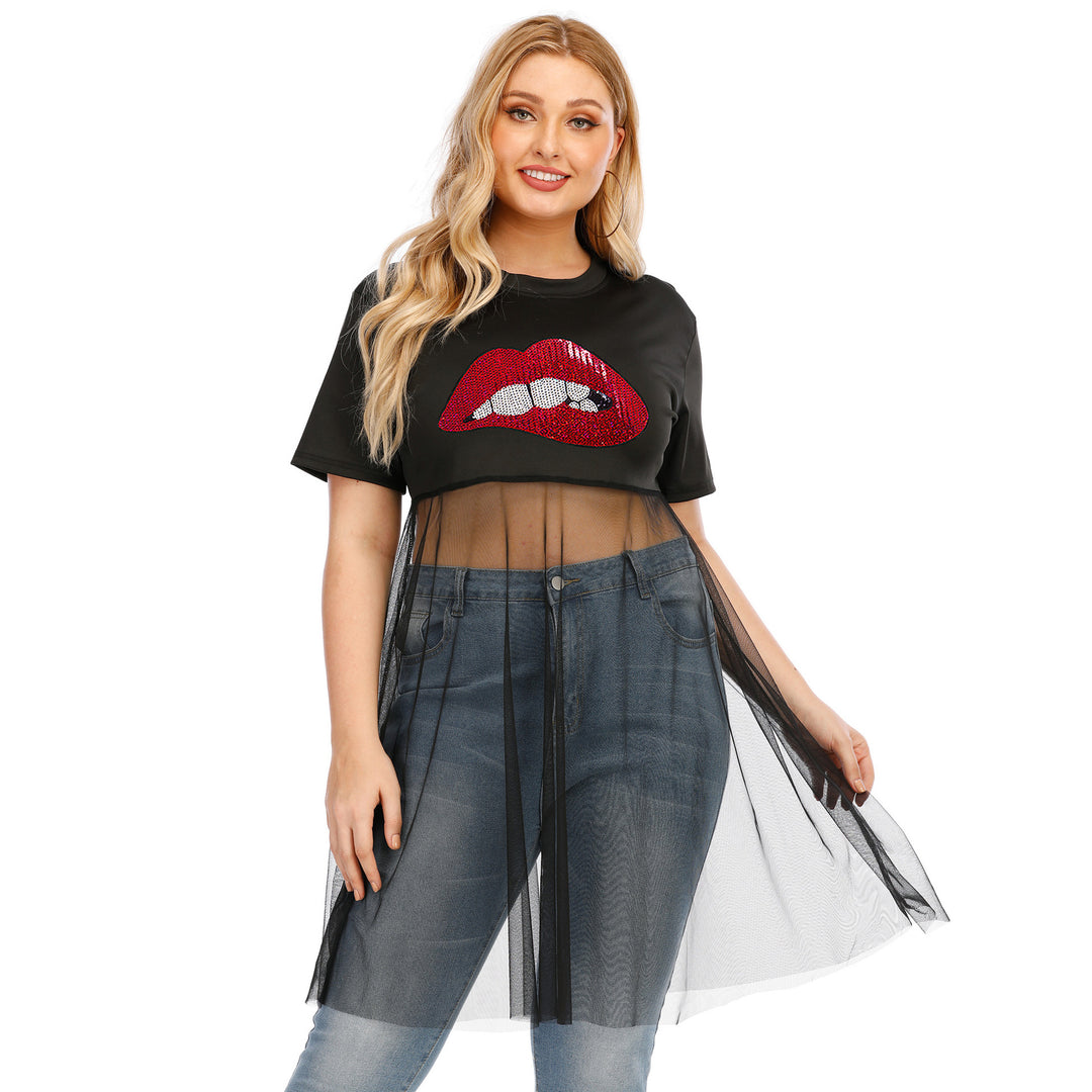 Women's fashionable crop top with transparent overlay and glitter trim Mune Fashion