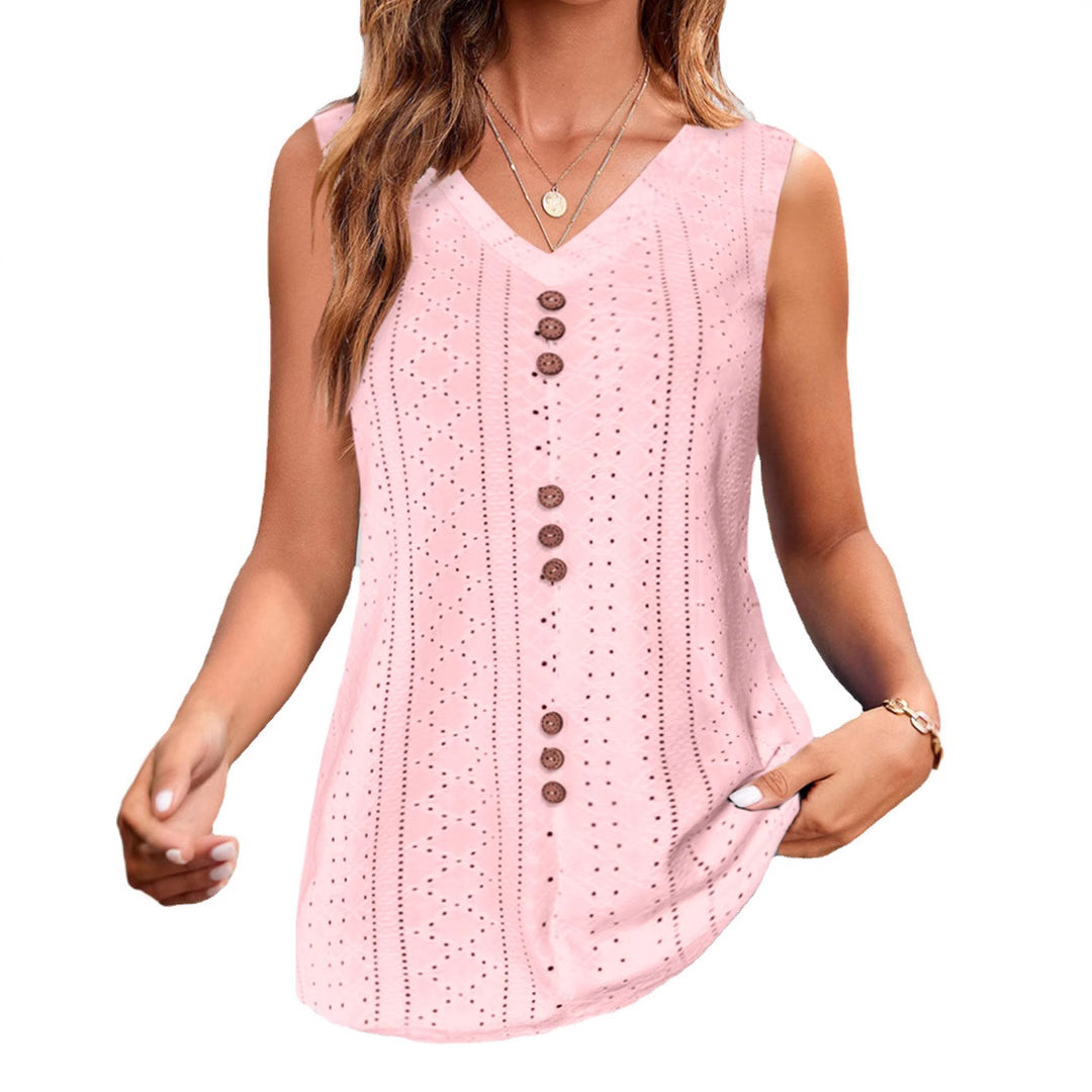Women's sleeveless broderie anglaise top with V-neck and decorative button placket Mune Fashion