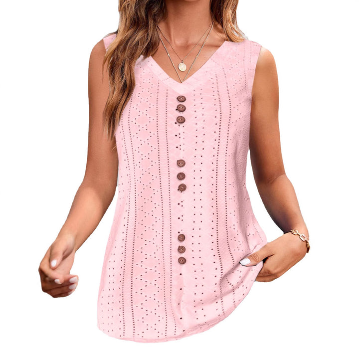 Women's sleeveless broderie anglaise top with V-neck and decorative button placket Mune Fashion