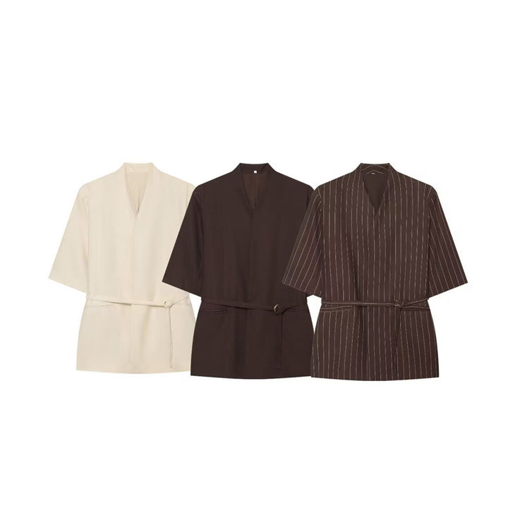 Women's Kimono Top with V-Neck, tailored tie belt and half-length sleeves Mune Fashion