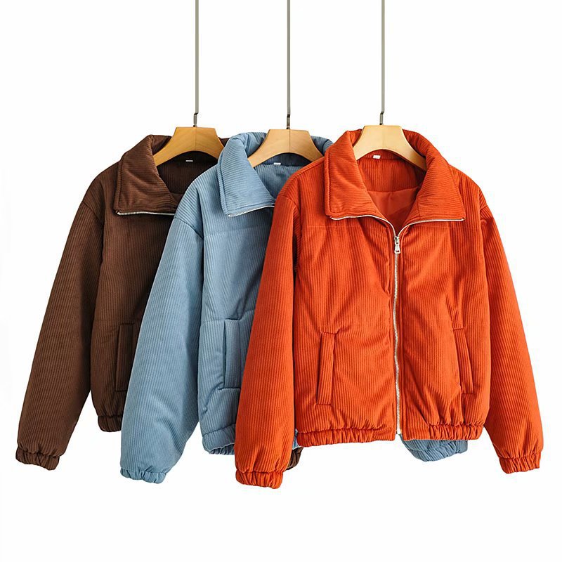 Women's Padded Cord Quilted Jacket with Stand-Up Collar and Elastic Hem Mune Fashion