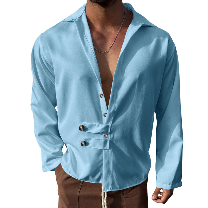Men's modern long-sleeved shirt with deep neckline and asymmetrical strap look Mune Fashion