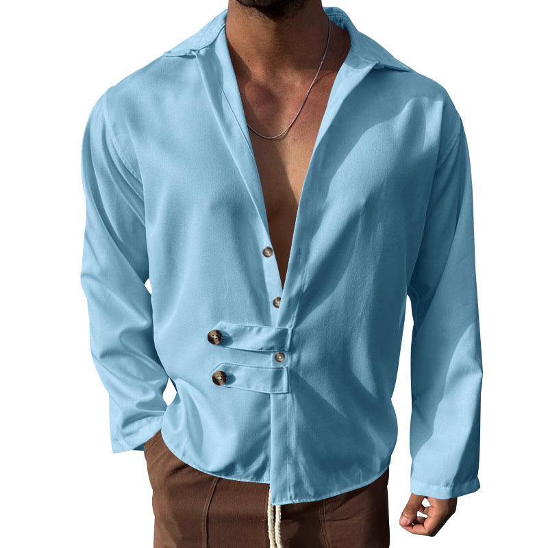 Men's modern long-sleeved shirt with deep neckline and asymmetrical strap look Mune Fashion