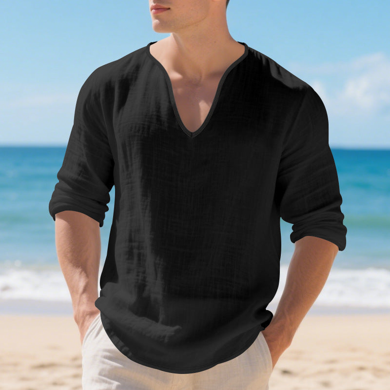 Men's lightweight linen V-neck shirt with a loose fit and roll-up sleeves Mune Fashion
