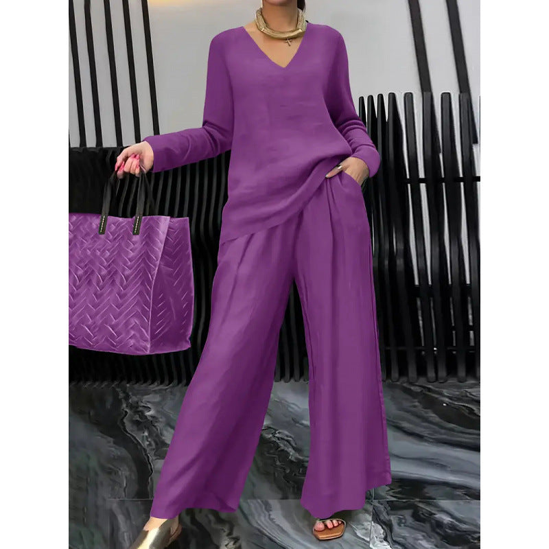 Women's Fine V-Neck Knit Sweater with Flowing Palazzo Pants Mune Fashion