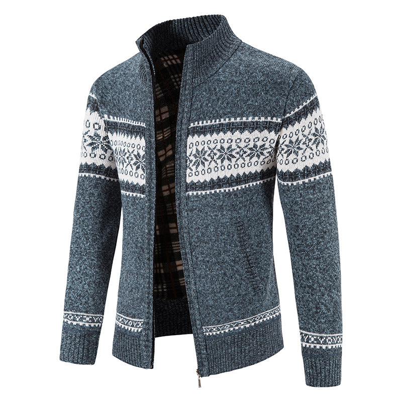 Men's chunky knitted Norwegian cardigan with full zip and checked fleece lining Mune Fashion