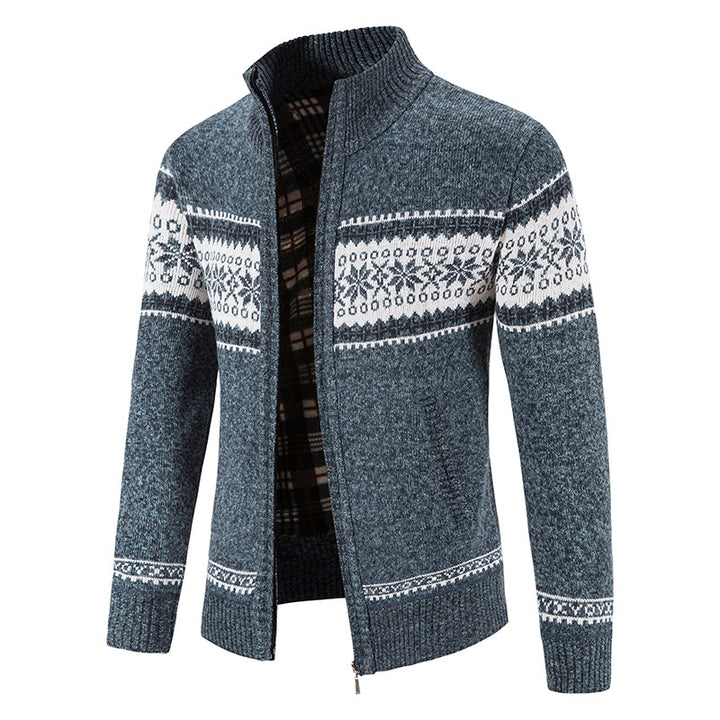 Men's chunky knitted Norwegian cardigan with full zip and checked fleece lining Mune Fashion