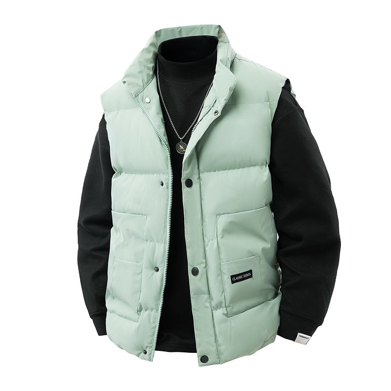 Men's thermo quilted vest with high collar trim, snap button front & mounted utility pockets Mune Fashion