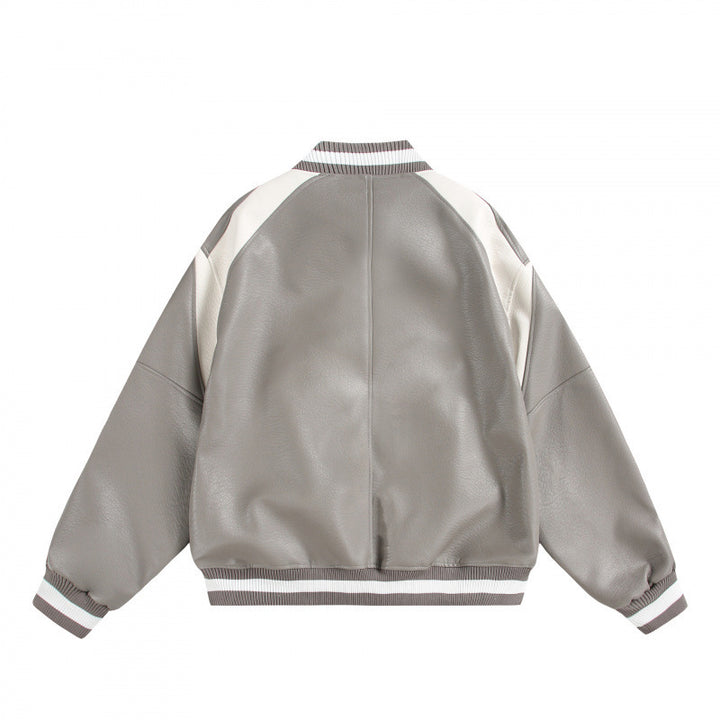 Unisex Boxy Oversized Faux Leather Bomber Jacket with Contrast Panels and Ribbed Cuffs Mune Fashion