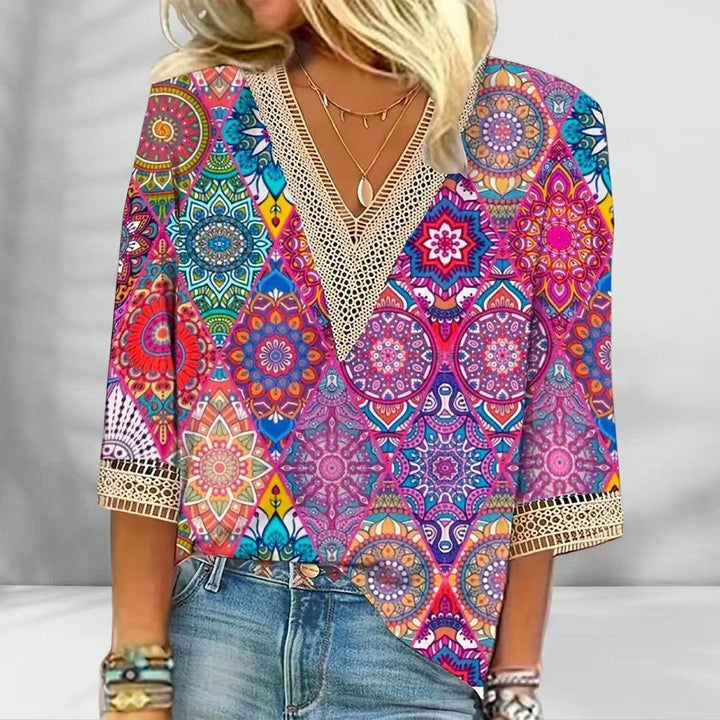 Women's nano locker falling Mandala patchwork tunic with deep V-neckline and crochet lace trim Mune Fashion