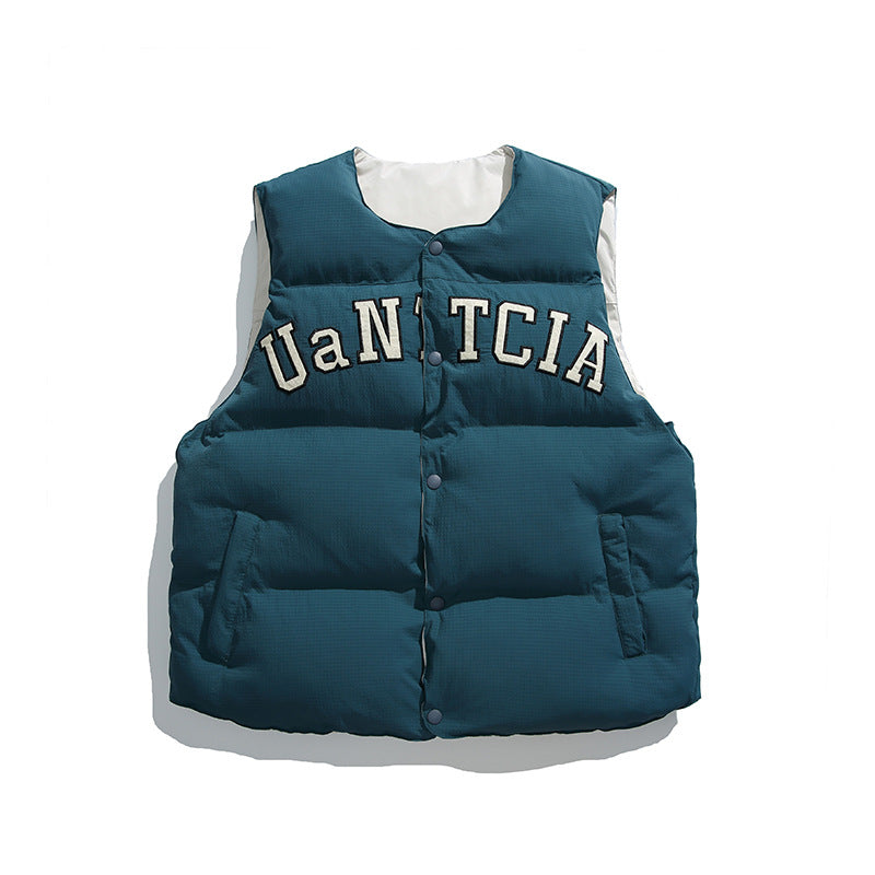 Unisex Padded Quilted Vest in Boxy Cut with Snap Button Closure and College Logo Print Mune Fashion