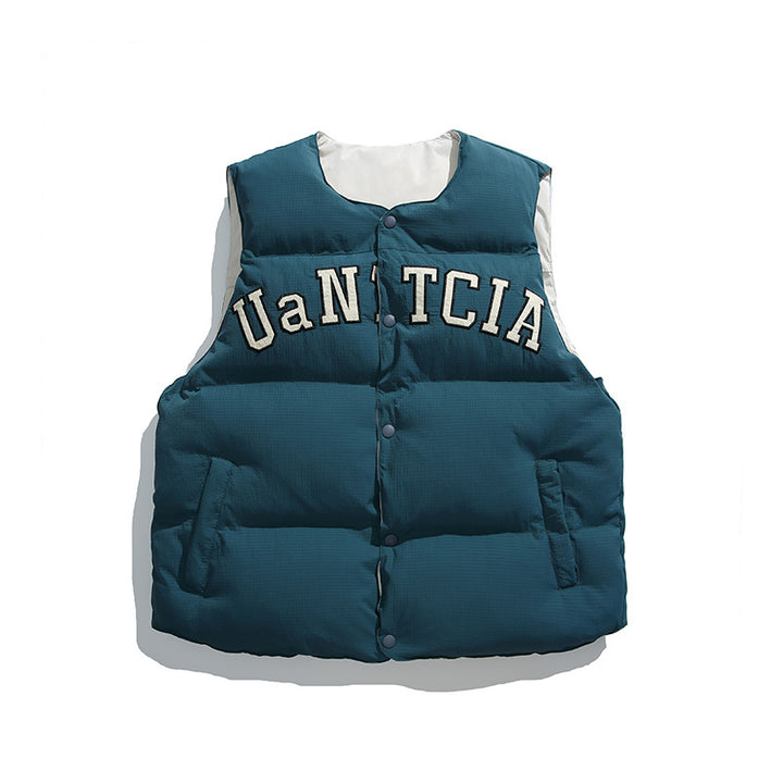 Unisex Padded Quilted Vest in Boxy Cut with Snap Button Closure and College Logo Print Mune Fashion