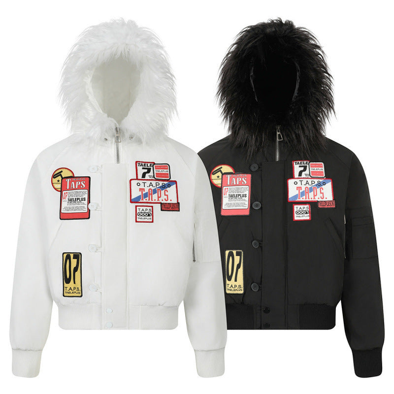 Women short-cut padded bomber jacket with faux fur hood and applied label patches Mune Fashion