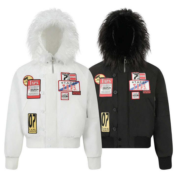 Women short-cut padded bomber jacket with faux fur hood and applied label patches Mune Fashion