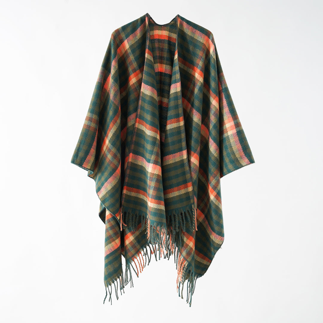 Women's Fringe Ruana made of wool blend with large checkered pattern and open fall Mune Fashion