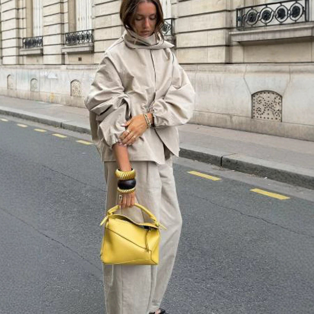 Women's Two-Piece Oversized Pant Suit Set with Asymmetrical Stand Collar Mune Fashion