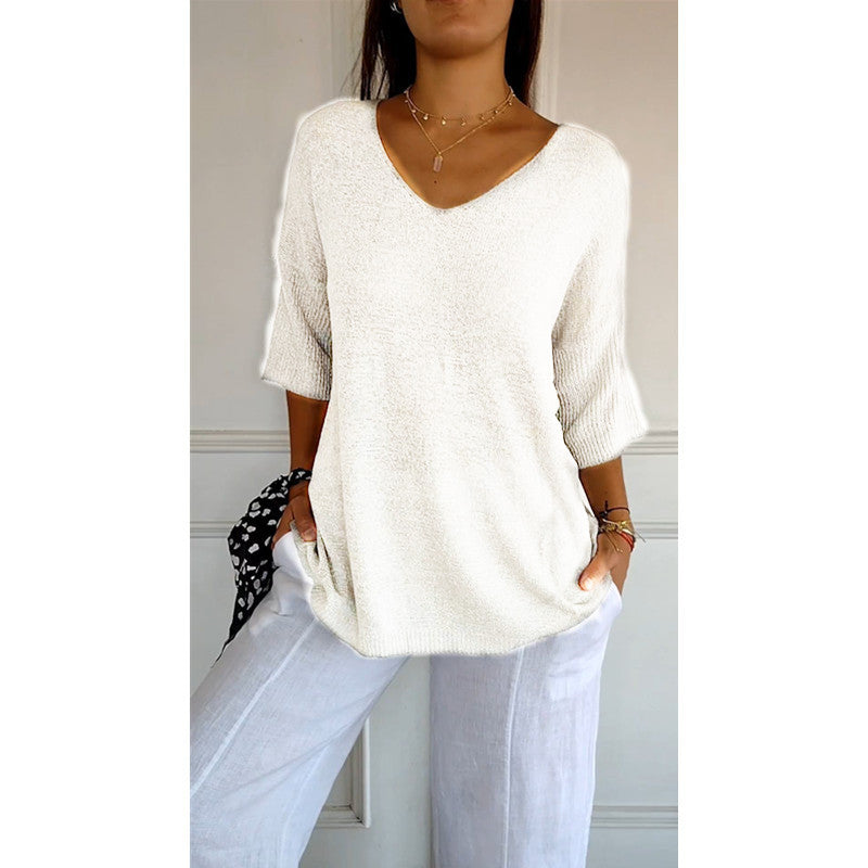 Women's relaxed fit V-neck fine knit pullover with three-quarter sleeves Mune Fashion