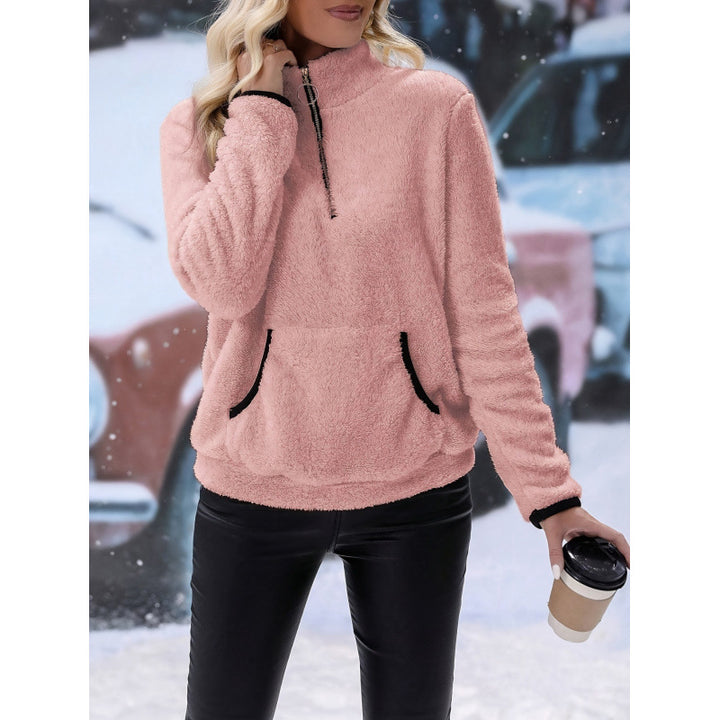 Women's fluffy fleece cuddle pullover with half zipper, kangaroo pocket and stand-up collar Mune Fashion