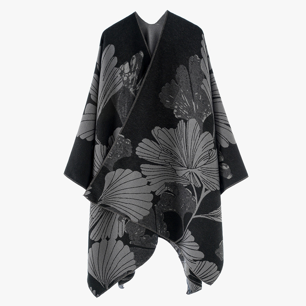 Women's Reversible Jacquard Cover-up with Large Leaf Patterns and Asymmetrical Pointed Hem