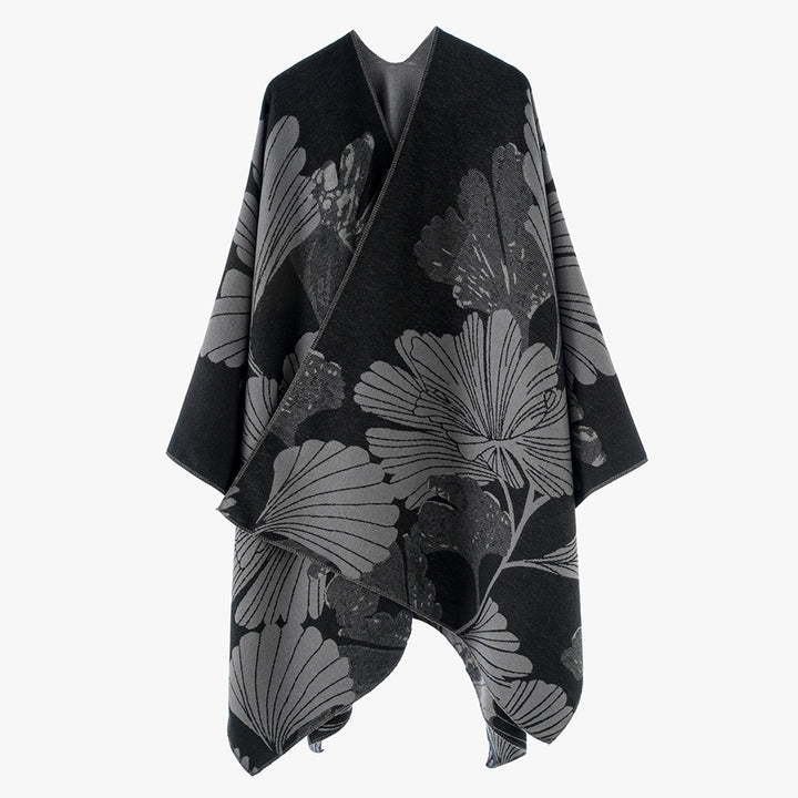 Women’s Jacquard Cape Poncho with large leaf Jacquard and open wrap cut Mune Fashion