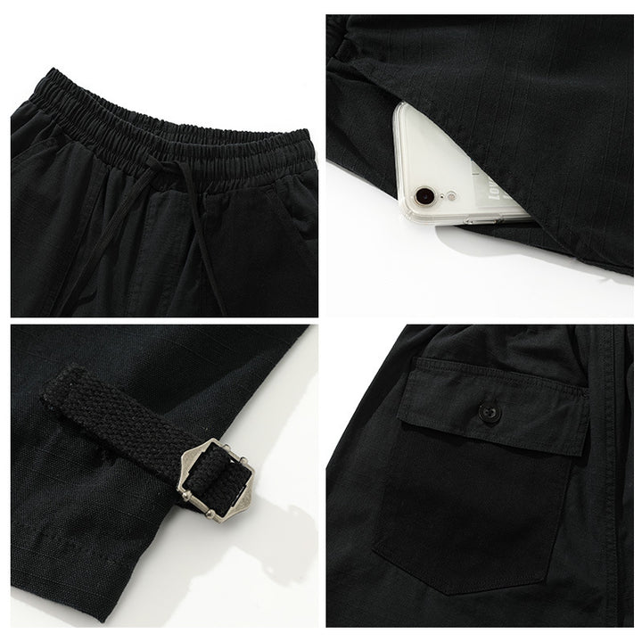 Men's wide cropped cargo pants with elastic drawstring waistband, patch pockets and adjustable ankle straps Mune Fashion
