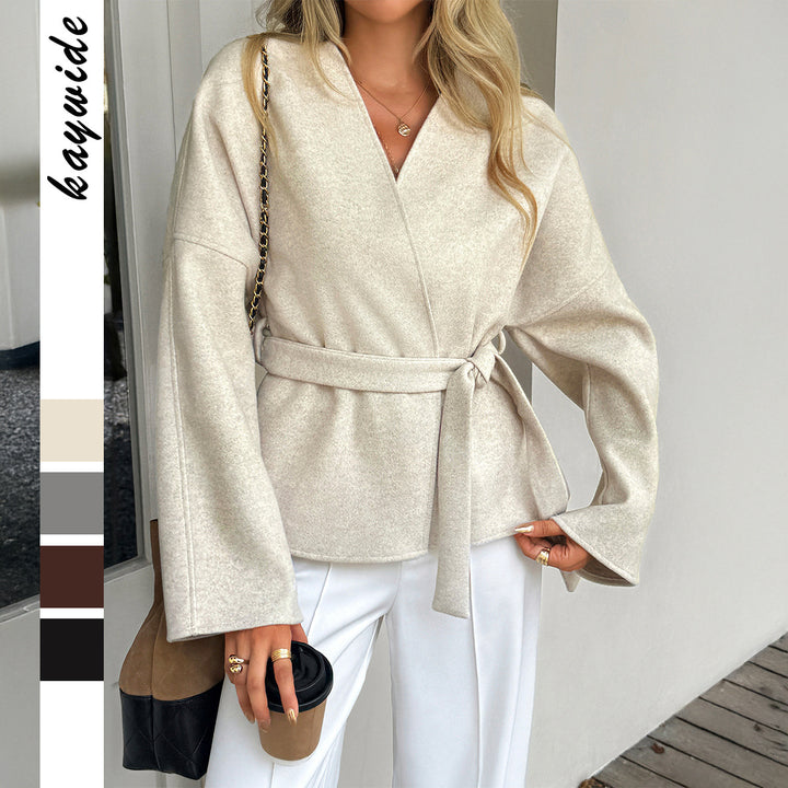 Women's tailored wool blend coat with kimono sleeves and tie belt Mune Fashion