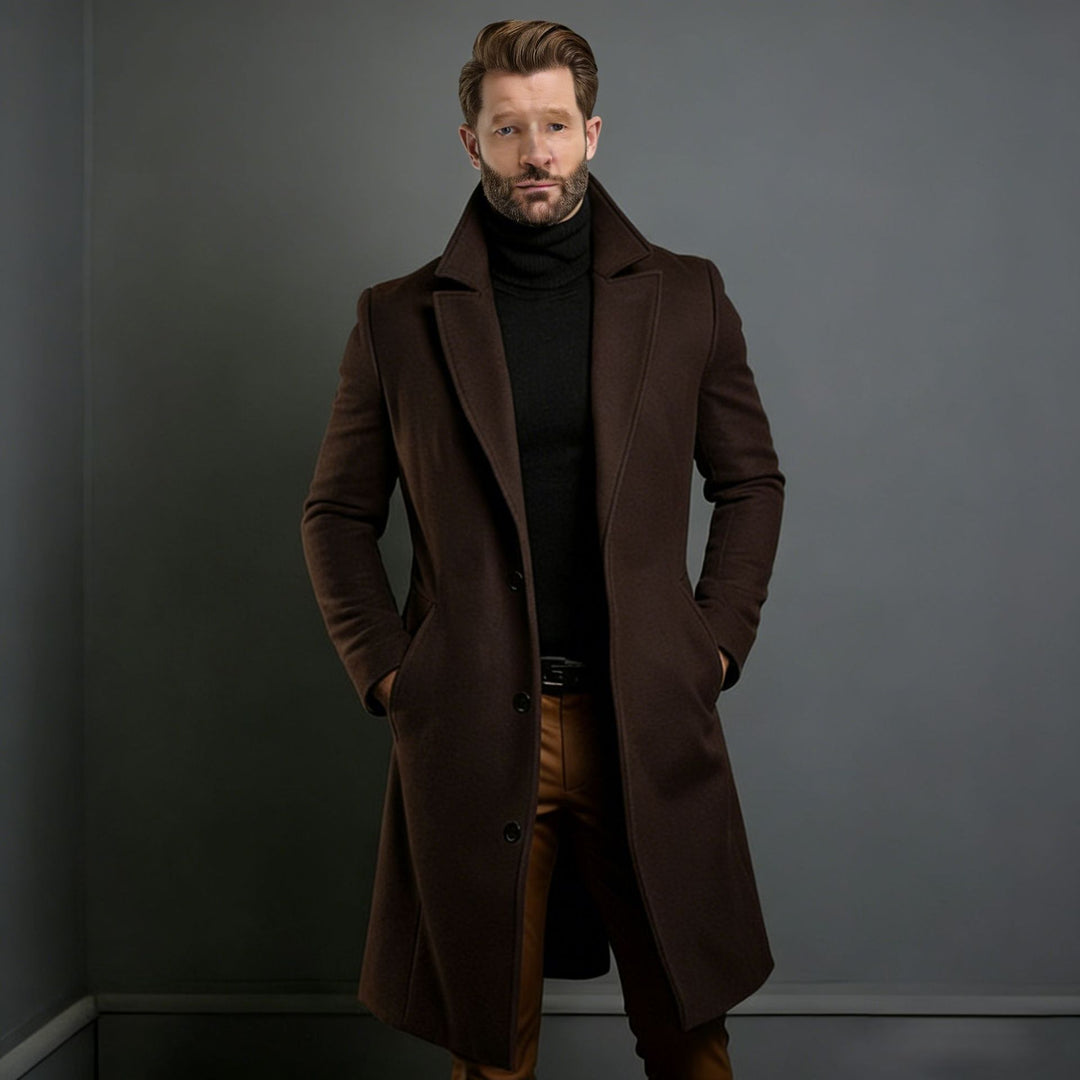Men's Elegant Single-Breasted Long Coat Made of Wool Blend with Slim Silhouette and Lapel Collar Mune Fashion