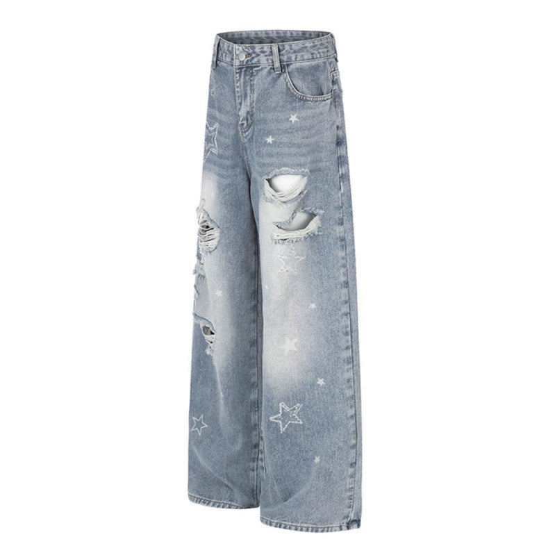 Ladies Wide Distressed Palazzo Jeans with Star Embroidery Mune Fashion