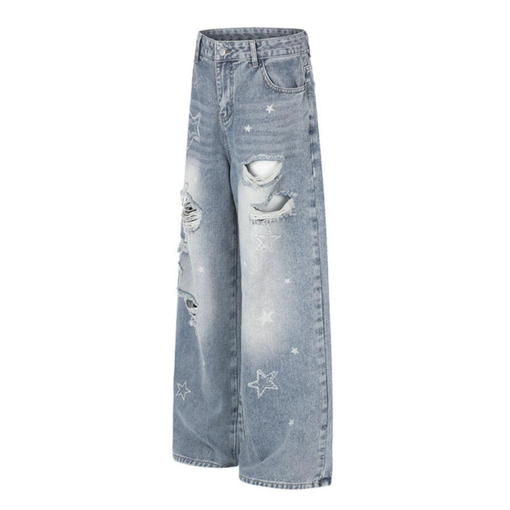 Ladies Wide Distressed Palazzo Jeans with Star Embroidery Mune Fashion