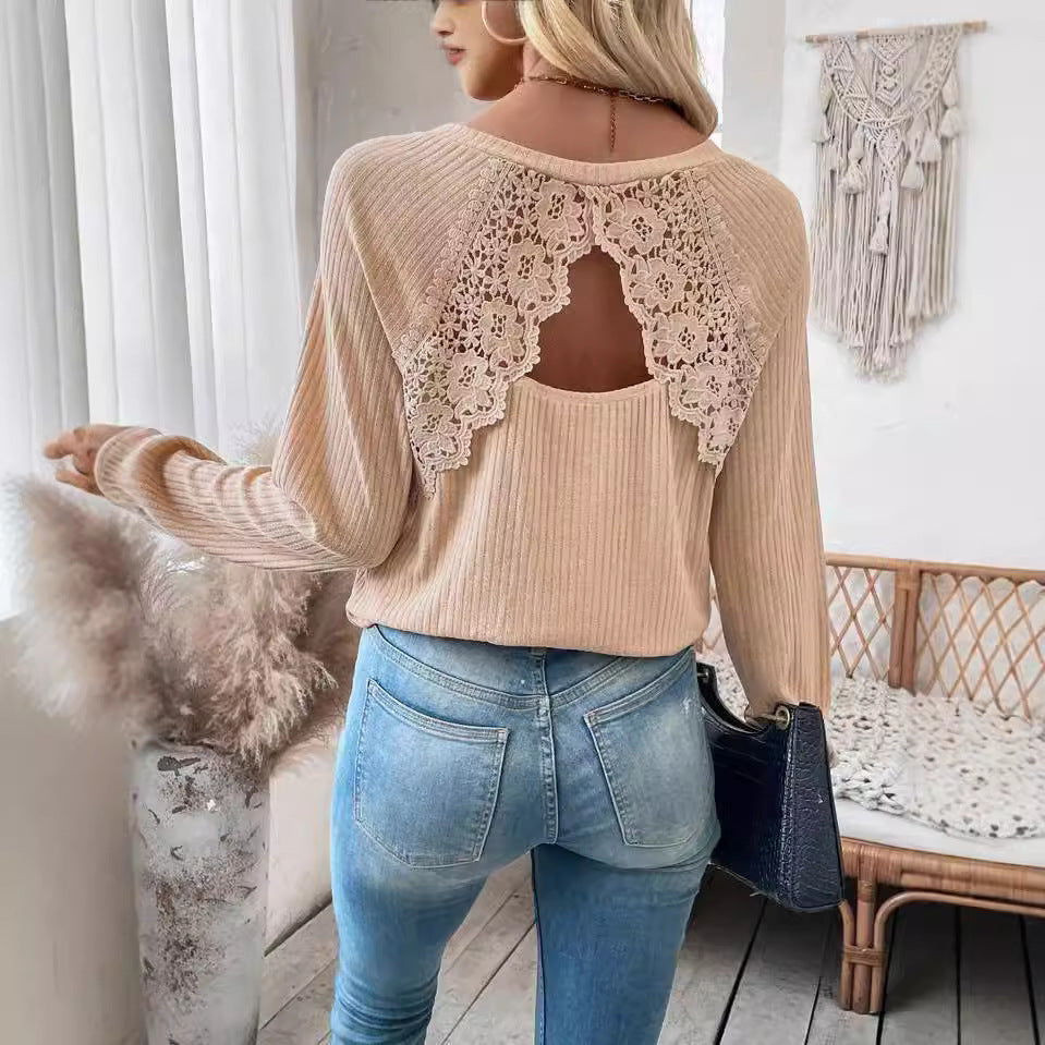 Women's ribbed long sleeve shirt with floral lace appliqué and distinctive back cut-out Mune Fashion