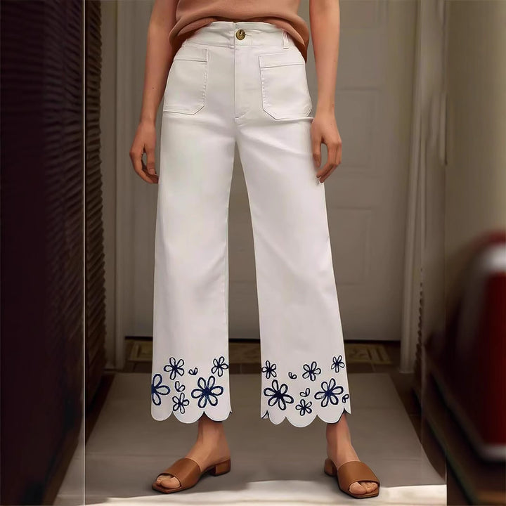 Women High-Waisted Cropped Palazzo Pants with Floral Embroidery and Wave Hem Mune Fashion