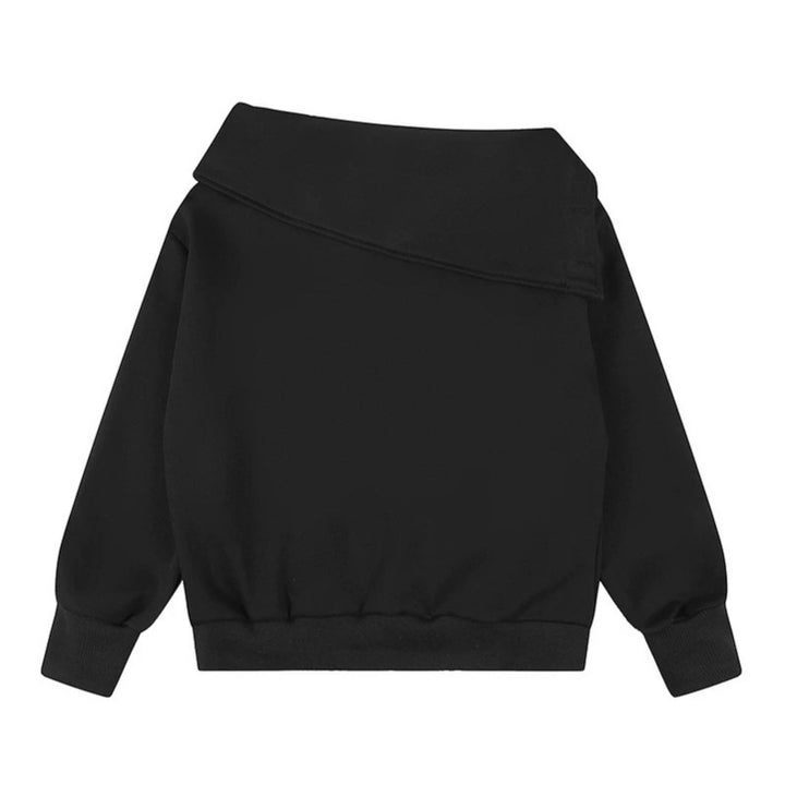 Women Asymmetric Sweatshirt with Wide Collar, Decorative Button Placket and Bead Application Mune Fashion