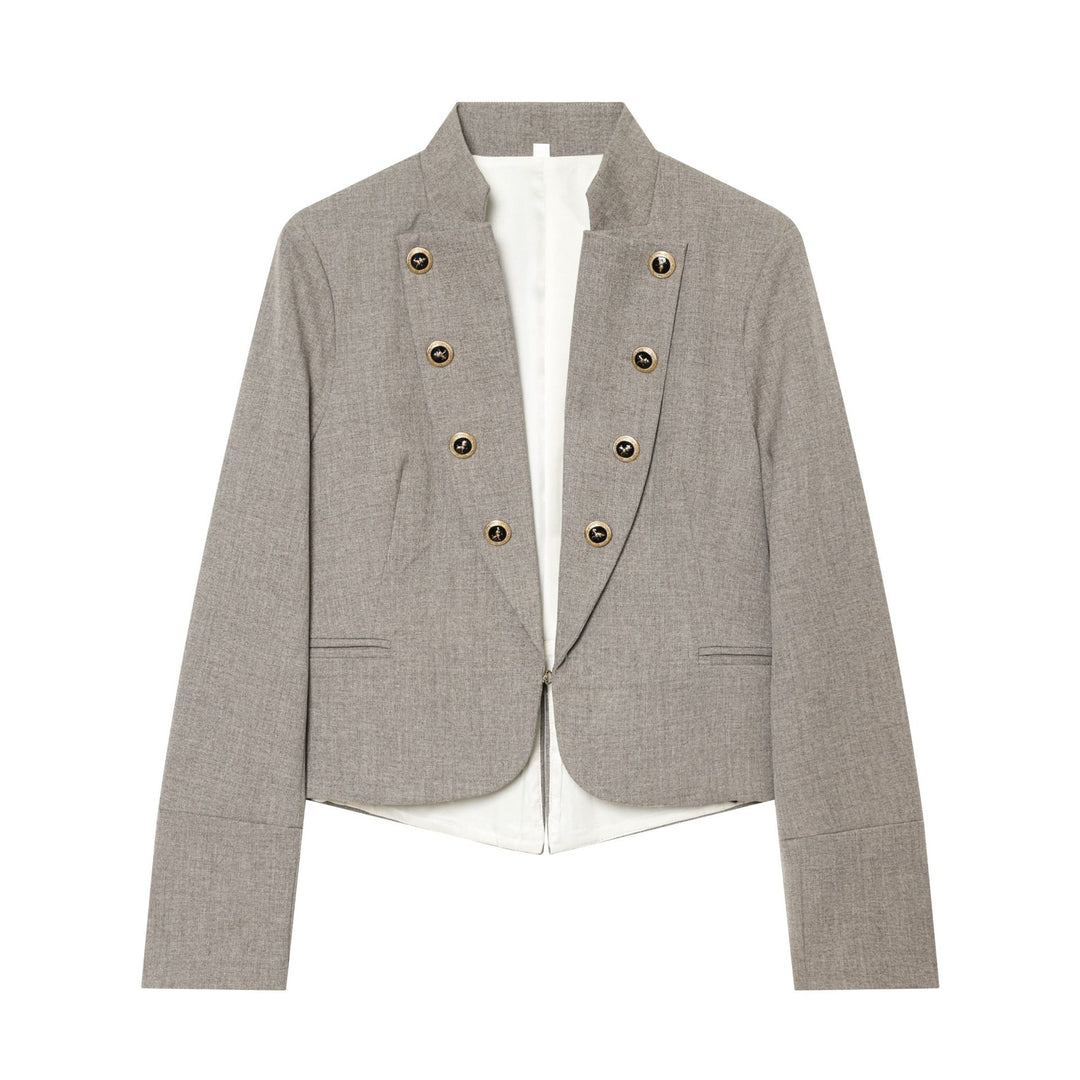 Women's short fitted blazer jacket with stand-up collar, concealed zip and decorative buttons Mune Fashion
