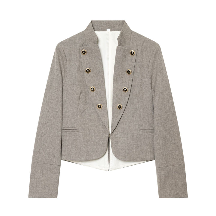 Women's short fitted blazer jacket with stand-up collar, concealed zip and decorative buttons Mune Fashion