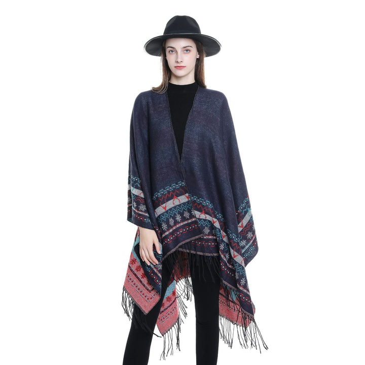 Women's Wool Blend Kimono Poncho with Norwegian Border and Fringe Mune Fashion