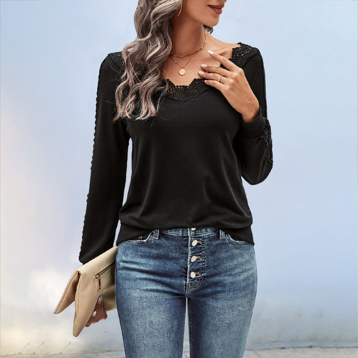 Ladies Elegant Knit Top with Lace Accents Mune Fashion