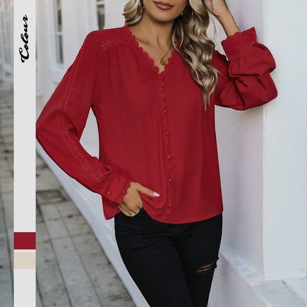Ladies Lightweight Viscose Fashion Blouse with Lace Trim, V-Neck and Decorative Button Placket Mune Fashion